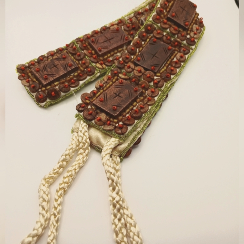 BAJA Clothing LA Wood Square Green Glass Trim Beaded Braided Ties NEW